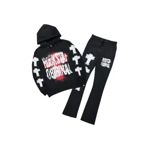 Crest Black Hoodie/Stacked Pant Track Set