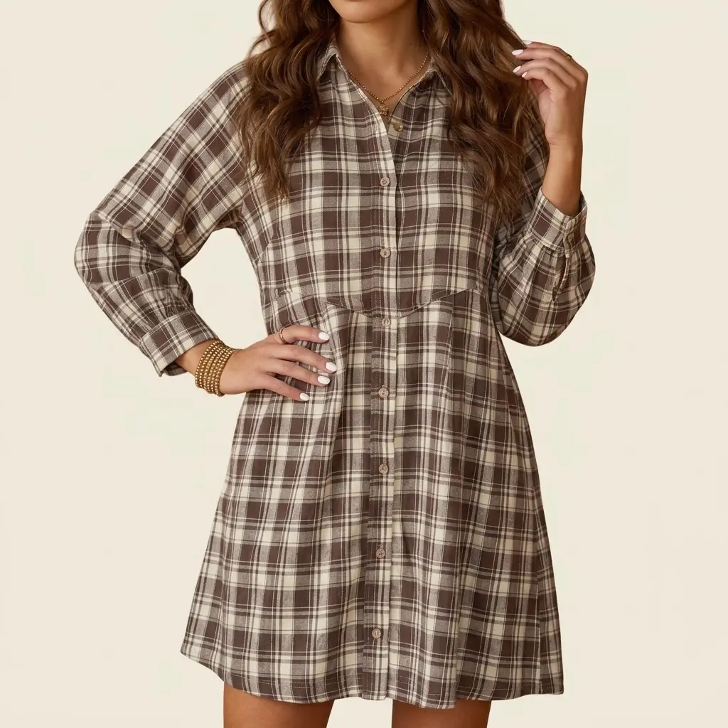 PHEFEE Women's Plaid Button Down Mini Dress Long Sleeve High Waist Vintage Preppy Shift Dress Fall Casual Tunic