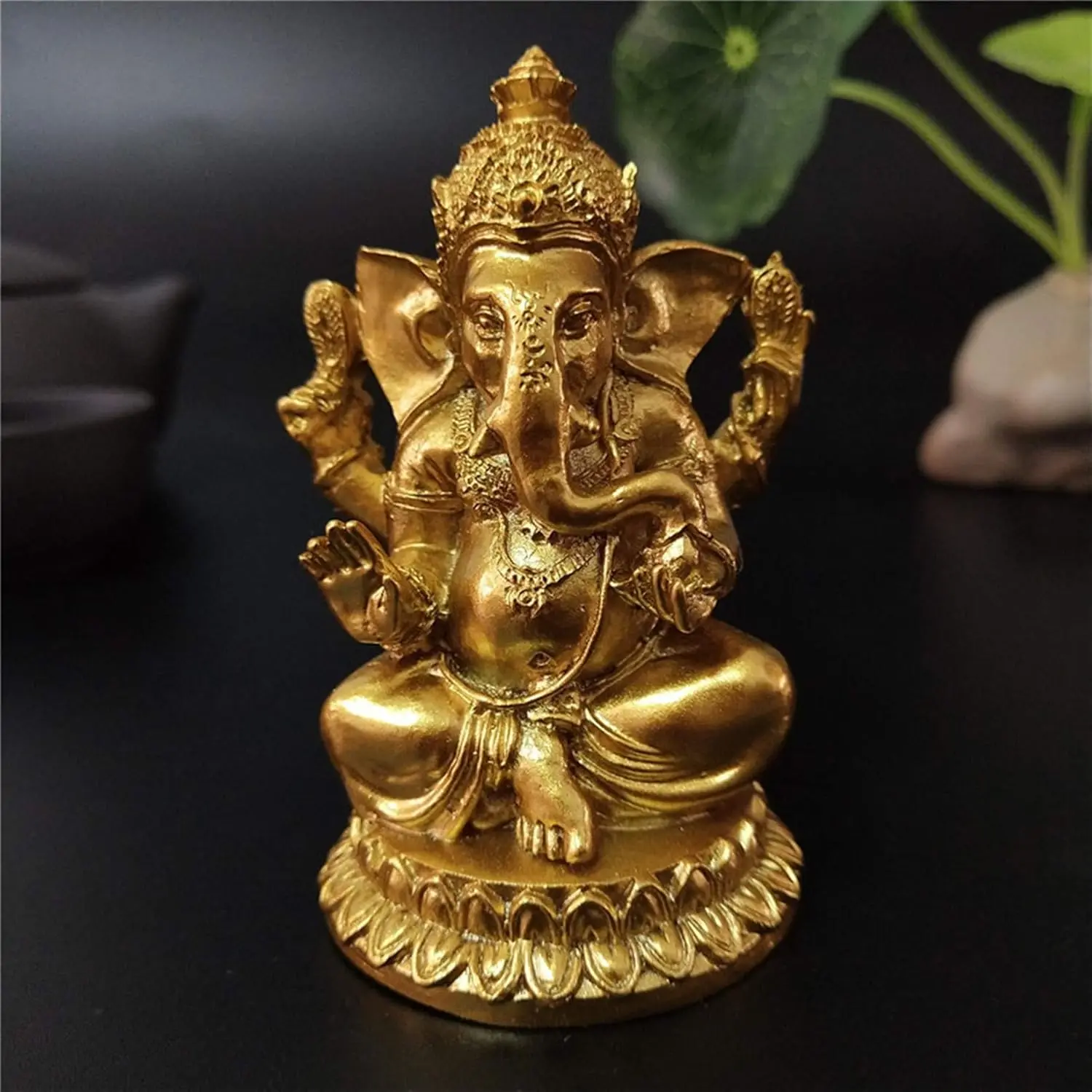 Gold Lord Ganesha Resin Statue - Hindu Elephant God Religious Decorative Sculpture, Handmade Interior Living Room Gift Ornament for Home