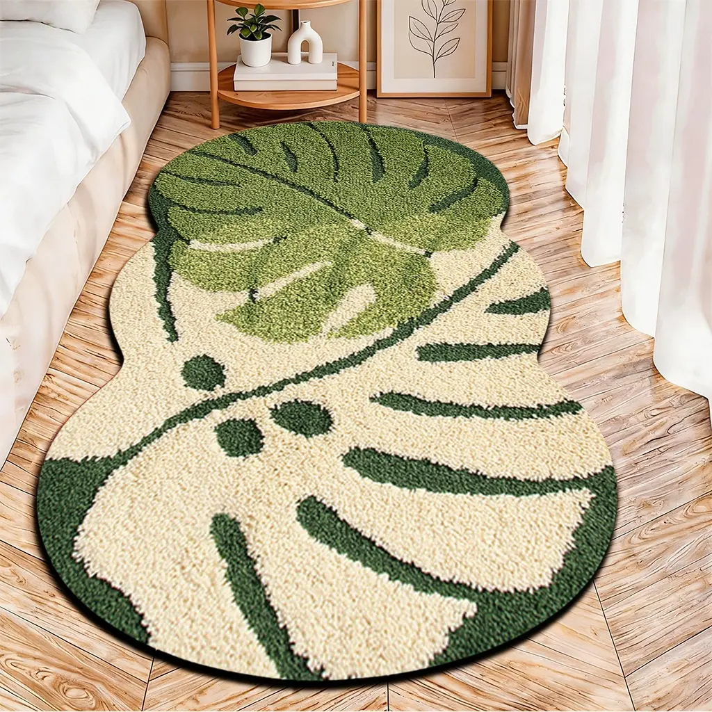 2D Flat velvet irregular rug with tufted monstera leaf pattern, machine washable non-slip carpet for bedroom, all seasons & holiday decor, durable & easy to clean.