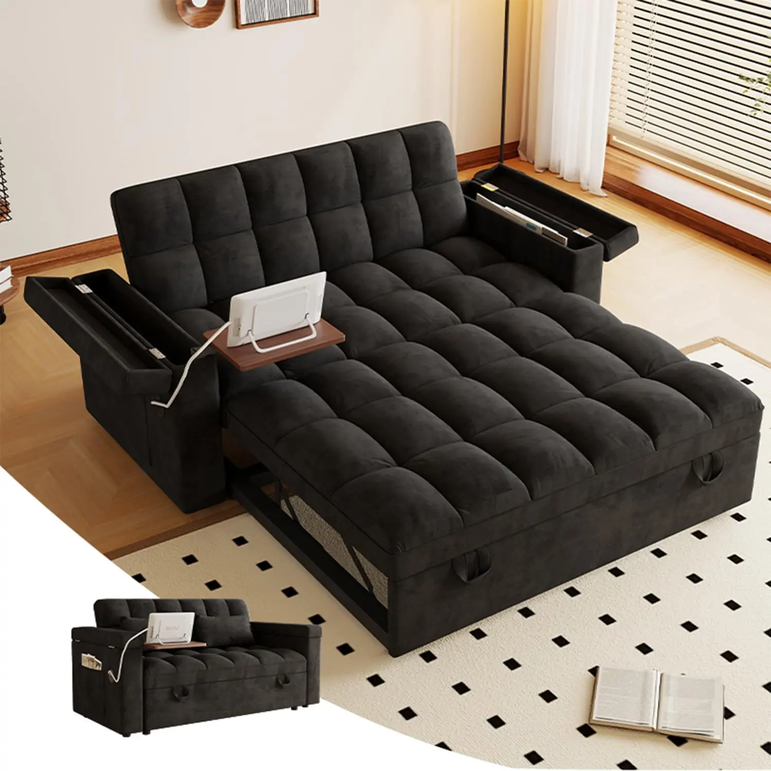 65" Futon Pull Out Bed, Full Size Pullout Sofa Bed, 3-in-1 Convertible Sleeper Couch, Velvet Loveseat with Chaise, Storage Armrests, Table Board, Ideal for Living Room, RV, Small Space (Black)