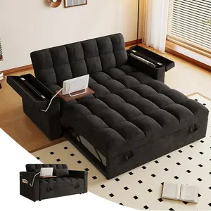 65" Futon Pull Out Bed, Full Size Pullout Sofa Bed, 3-in-1 Convertible Sleeper Couch, Velvet Loveseat with Chaise, Storage Armrests, Table Board, Ideal for Living Room, RV, Small Space (Black)