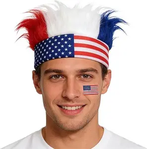 American Flag Mohawk Headband with Faux Hair, Comfortable Stretch-Knit Themed Headwear for Men's 4th of July Festival Parties, Accessories
