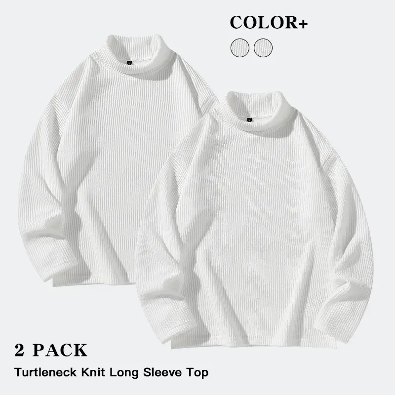 Men 2Pcs Fall‑Winter Vertical Textured Turtleneck Knit Long‑Sleeve Tops Plain Pullovers For Daily Matching And Friend Gathering Events