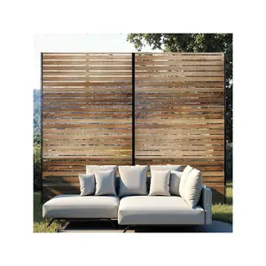 Natural Brown/Horizontal Slat- Metal Privacy Screen 72" H X 47" W, Outdoor Privacy Screens And Panels, Freestanding Decorative Fence For Patio Lawn Garden Deck Balcony, 3-Panel Outdoor Divider With Stand
