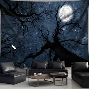 1pc Starry Night Moon & Tree Branch Tapestry - Polyester Wall Hanging with Free Hanging Clips, Cosmic Aesthetic Print for Living Room, Bedroom, or Office Decor, Perfect Birthday or Party Gift, Indoor Decoration |       Smooth Texture