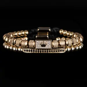 MANORSAGA 2pcs Men'S Charm Bracelet, 6Mm Textured Beads with Square Crown, Synthetic Synthetic Zircon, Copper, Casual Style, Golden, Suitable for Christmas, Thanksgiving, Valentine'S Day Gifts. bracelet stack bangles bracelets bracelet stack