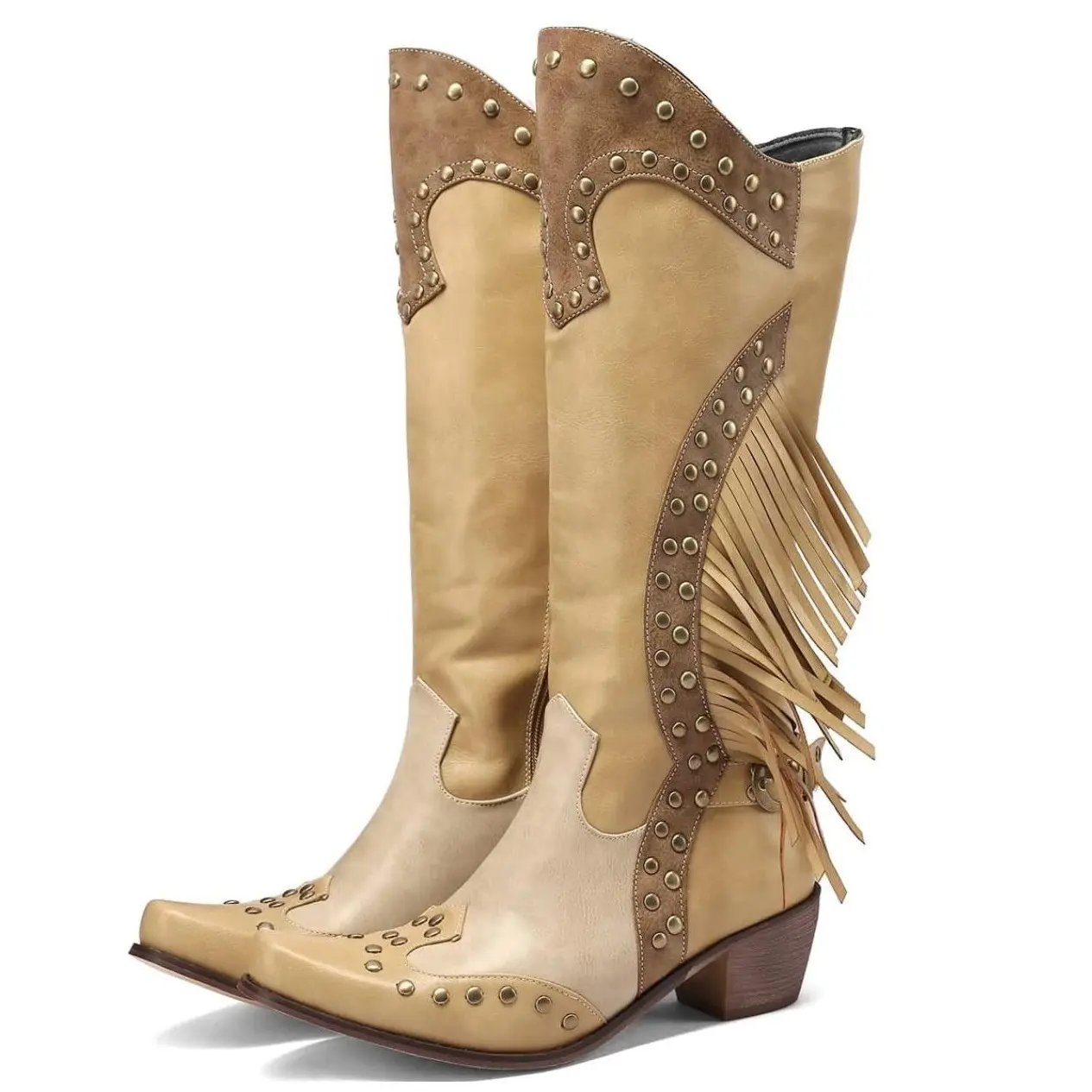 EROCALLI Women's Western Leather Cowboy Boots - Pointed Toe, Fringe, Studded, Knee-High, Punk Elements Shoe for Country Music Festivals (Red, Black, Beige) Footwear