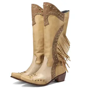 EROCALL Women's Fringe Studded Cowboy Boots with Pointed Toe Western Style Knee-High Boots for Women Classic Punk Elements Country Music Festivals Red Black Beige