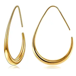 Teardrop Hoop Earrings for Women,14K Gold Plated 925 Sterling Silver Post Lightweight Oval Pull Through Hoop Earrings for Women, High Polished Statement Jewelry Gift