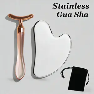 Stainless Steel Gua Sha Scraper Set, Metal Eye Massager Stick, Facial Sculpting Skin Care Tool, Gift for Women, Includes Storage Bag