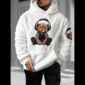 Men's Cartoon Bear Print Drop Shoulder Plush Hoodie, Fashion Casual Regular Fit Pocket Hooded Sweatshirt for Daily Holiday Outdoor Wear, Men Clothes for Fall & Winter
