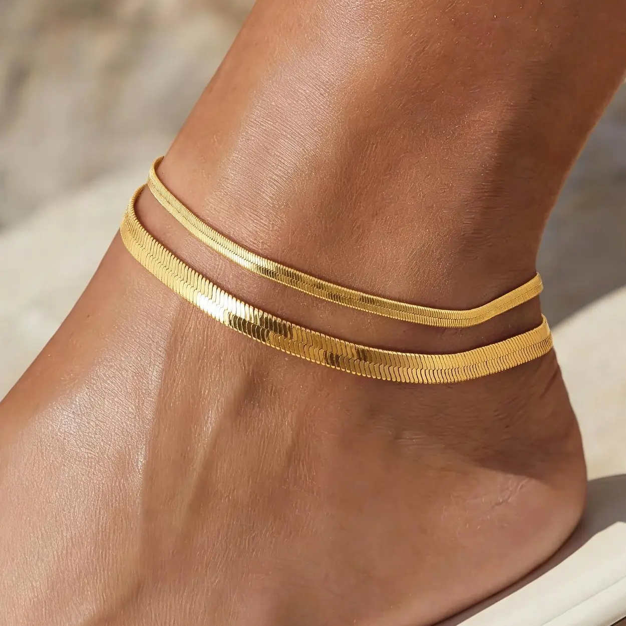 FREEKISS Gold Double Layer Snake Chain Anklet 3mm & 5mm Flat Chains Minimal Chic Ankle Bracelet for Summer Casual Wear outdoorfun Trendy Jewelry summerwins Fashion Chic Accessories Elegant Accessory homeessentials