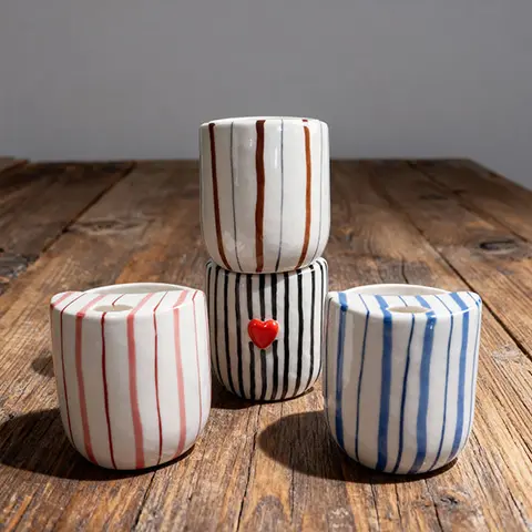 Large Handmade Ceramic Coffee Mug - Grandma-Made Art-Shaped Clay Cup with Hand-Painted Stripes, 17oz/0-500ml Reusable Washable Kitchenware, Everyday Use Beverage Drinkware for Gifting