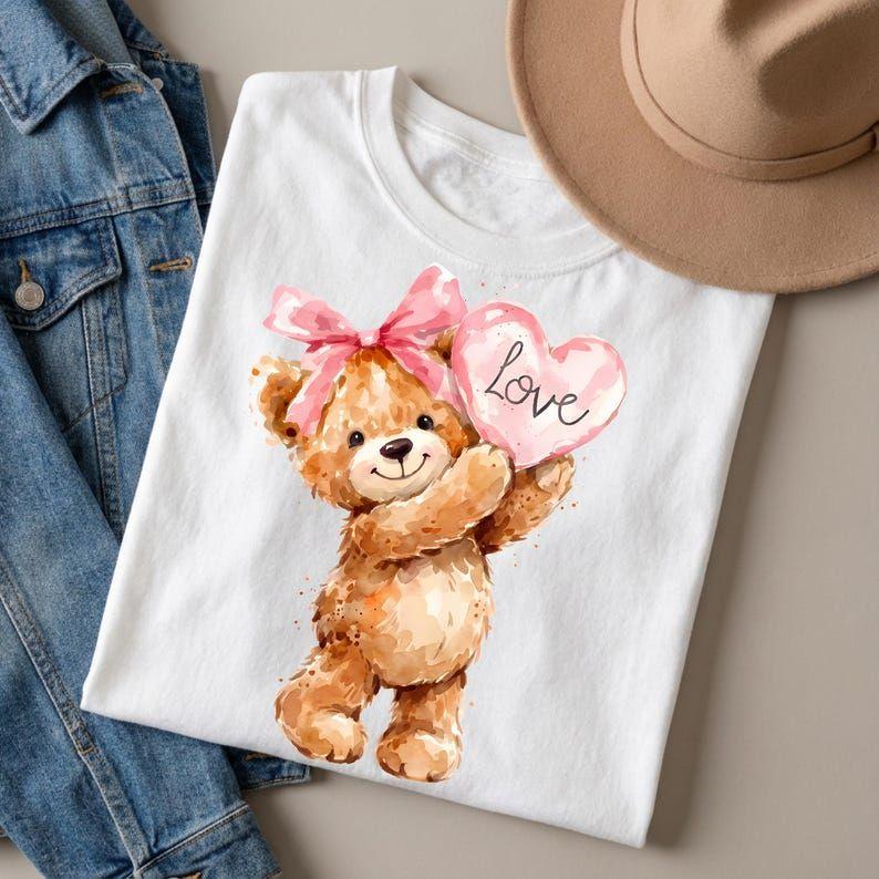 Valentine Bear Shirt, Coquette Teddy Heart Comfort Colors Tee, Pink Bow Cute Valentine Gift