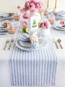 Stripe Linen Table Runner 120 Inches Long - Sky Blue and White, 100% Pure Linen Easter Table Runner 14 x 120 Inch Ideal for Wedding, Parties