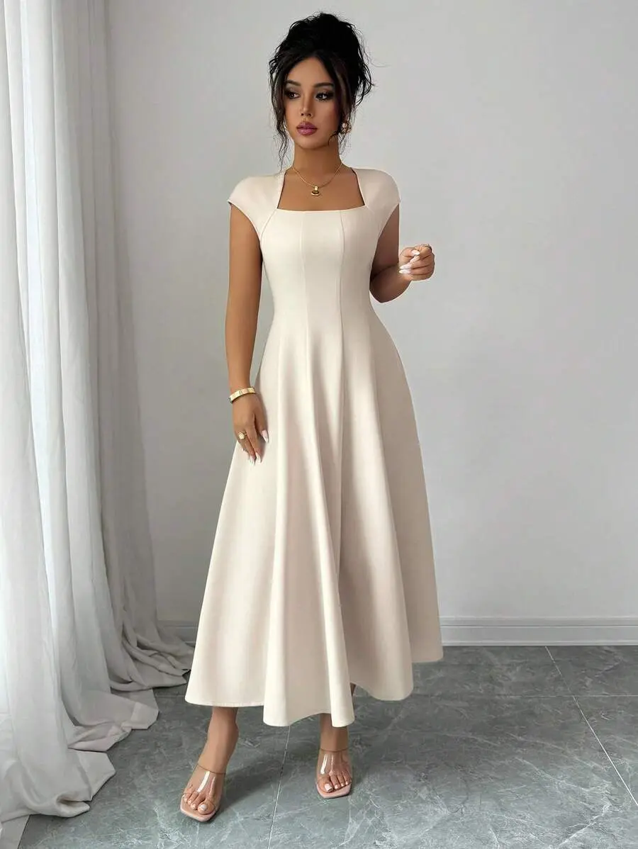 Elenzga Women's Elegant Square Collar Cinched Waist A-Line Midi