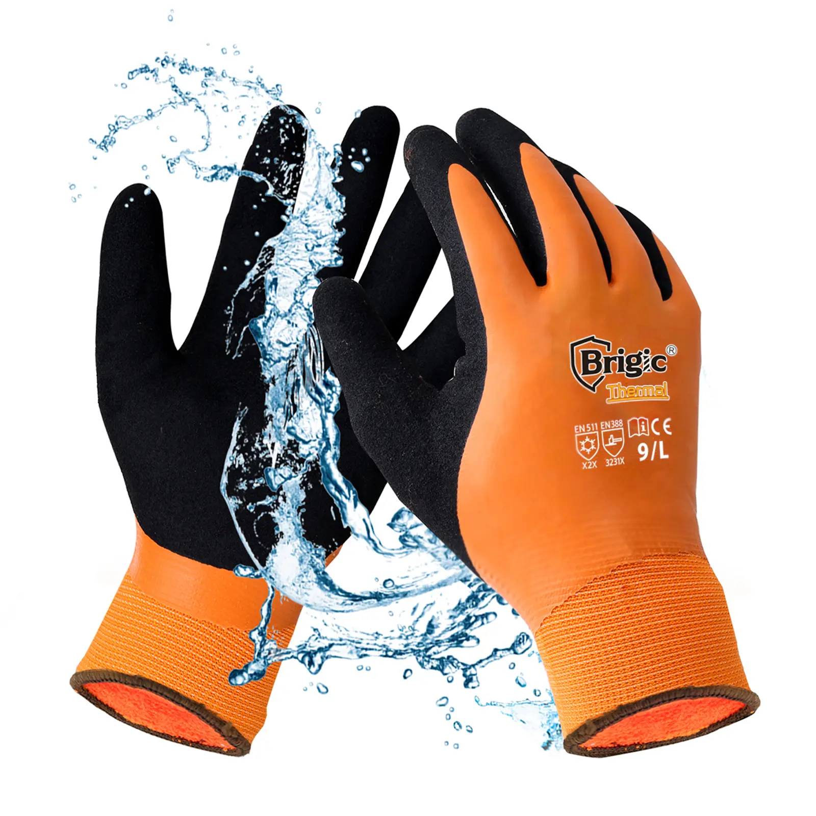 Brigic Men's Winter Work Freezer Gloves - CE Certified, Waterproof Insulated, Warmth, Flexible Fit, Double Natural Rubber Latex Coating, Anti-Slip Grip, Abrasion-Resistant, Automatic Knitted Acrylic Liner, for 0℃/32℉ Cold & Wet Conditions, S to XXL
