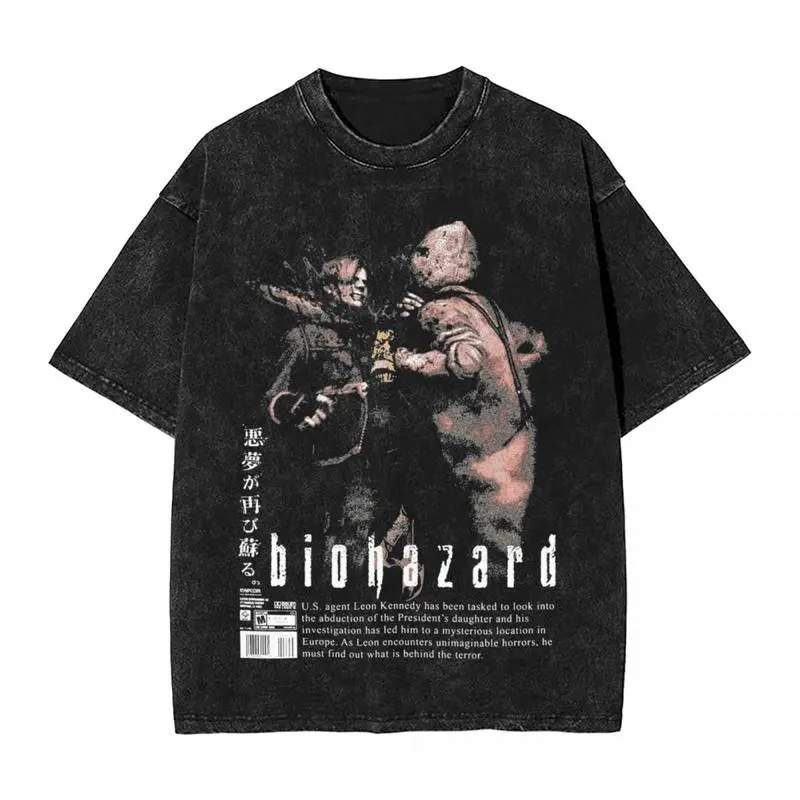 Resident Evil 4 Graphic Menswear T-Shirt - Washed Cotton, Round Neck, Shortsleeve, Stylish Streetwear, Vintage Casual Unisex Top, Tshirt