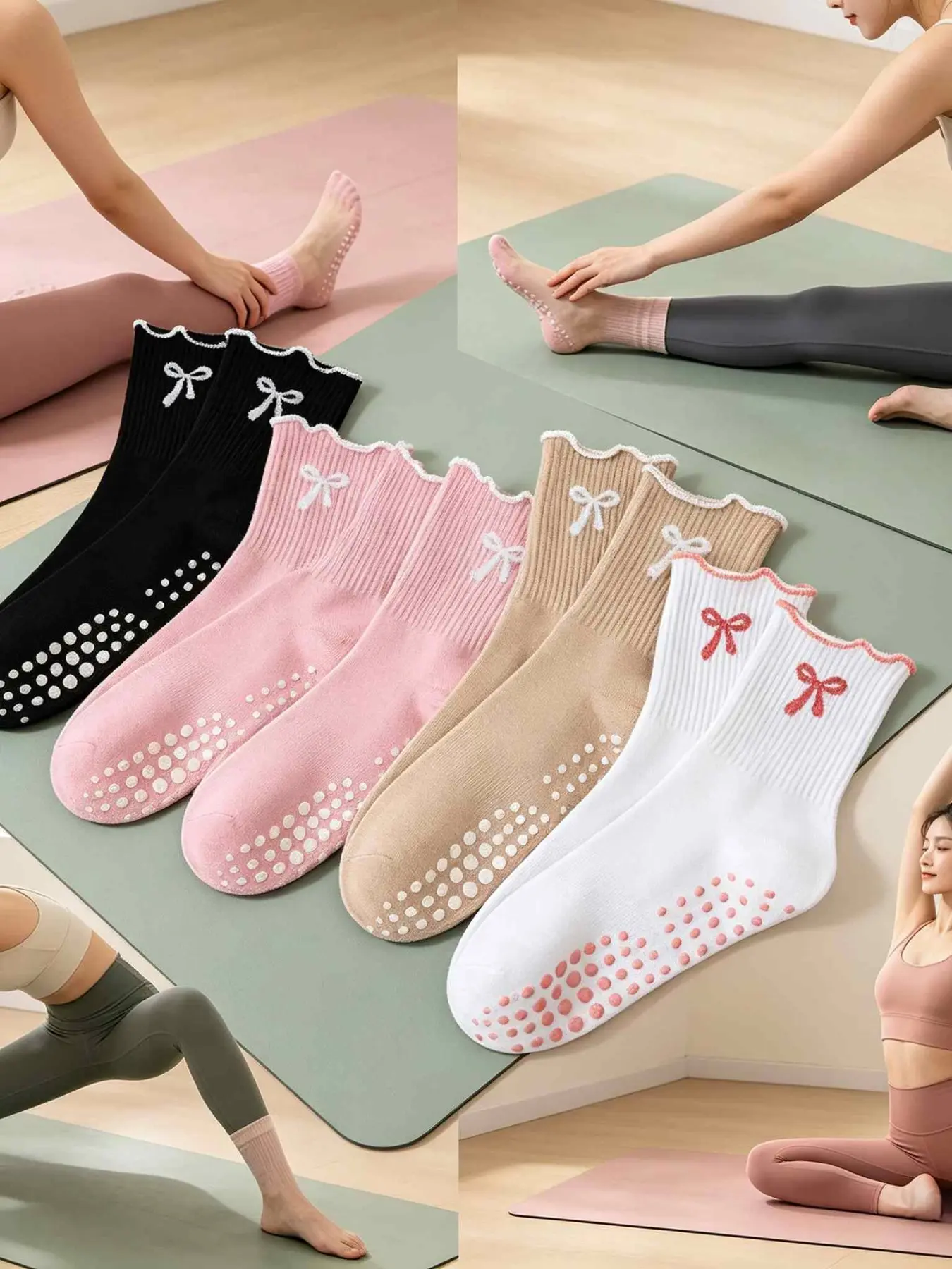 4 Pairs Women's Ruffled Yoga Socks, Plunge Yoga Grip Non Slip Socks, Butterfly Pattern Ruffle Round Socks, Ideal for Fitness, Ballet, Dance, Womenswear, Socks with Grips