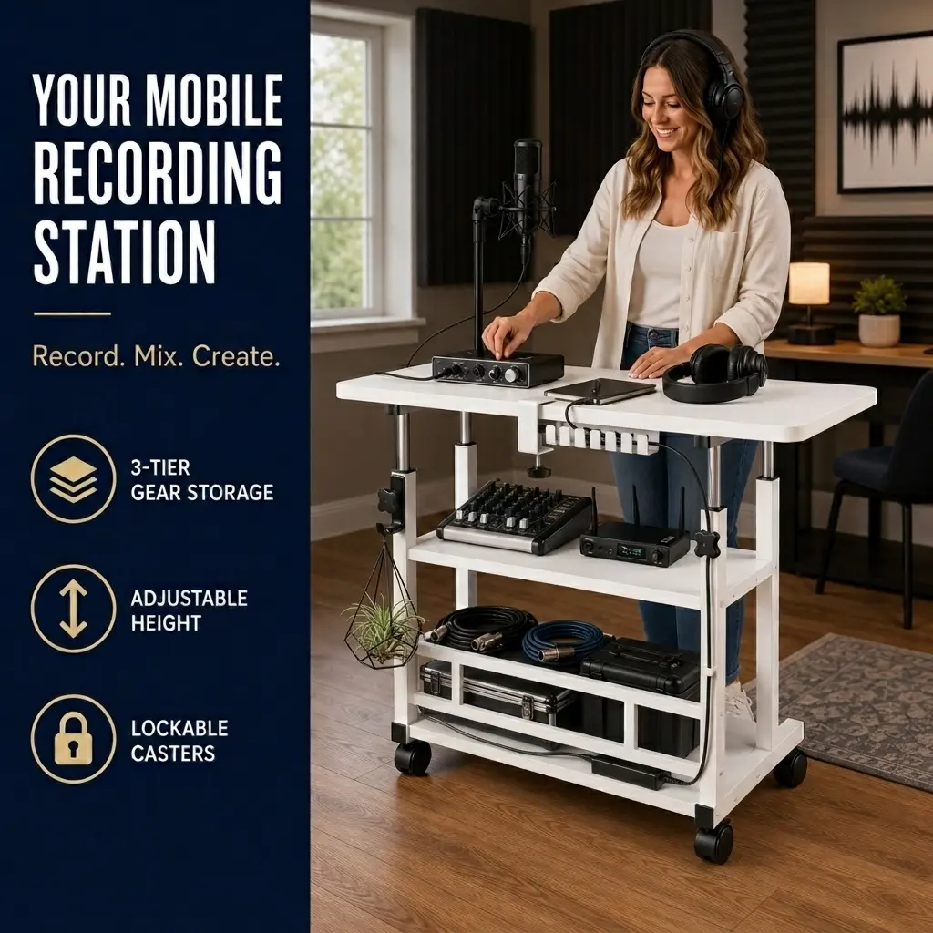 19 To 38 Inch Height Adjustable Recording Studio Desk OptionsErgonomic Mobile Sit Stand Music Production Workstation With Locking Casters For Recording Mixing Podcasting Streaming Gaming And Home Office