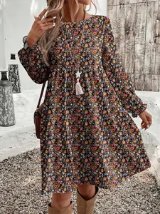 Women's Casual Elegant Dress, Autumn Winter Long Sleeve Bohemian Lantern Sleeves Dress, Unique Design for Ladies' Wardrobe Essentials, Boho Bohemian Dress