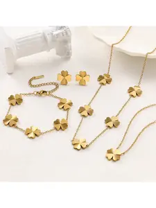 Gold Plated Stainless Steel Four-Leaf Clover Jewelry Set, Delicate Textured Clover Necklace, Bracelet and Earrings