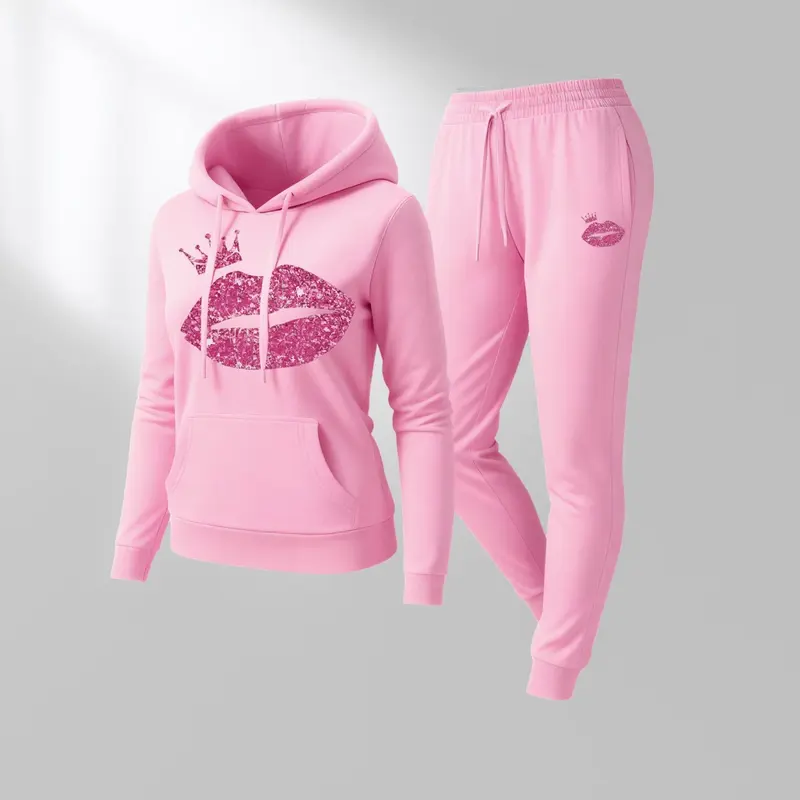 Women's Lip Crown Print Hoodie And Drawstring Track Pants Set, Casual Sportswear, Long-Sleeved Hooded Jacket And Pants, Suitable For Autumn And Winter, Everyday Wear, Indoor And Outdoor Sportswear, Casual Sportswear.