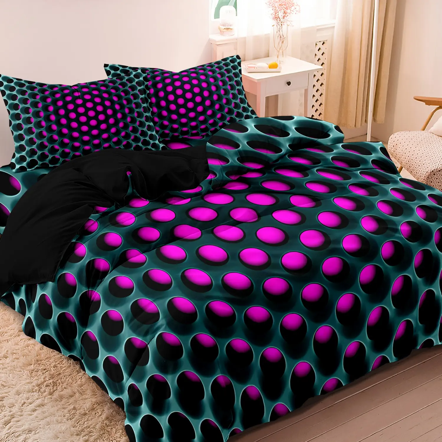 3pcs Y2K Geometric 3D Honeycomb Pattern Duvet Cover Set, Decorative Duvet Cover, Colorful Polyester with Zipper Closure, Breathable Brushed Fabric, Digital Print, Space-Themed, All-Season Comfort, Machine Washable (No Comforter or Pillow Core Included)