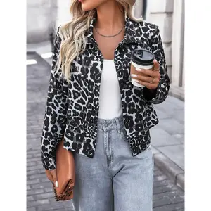 A black and white and gray color lapel design women's simple daily classic leopard print front button long-sleeved short jacket