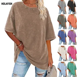 Holafish 1/2-Pack Women's T Shirts - Heavy Cotton Acid Washed Vintage Oversized Crewneck Short Sleeve Loose Baggy Basic Tops for Women, Casual Streetwear Clothing