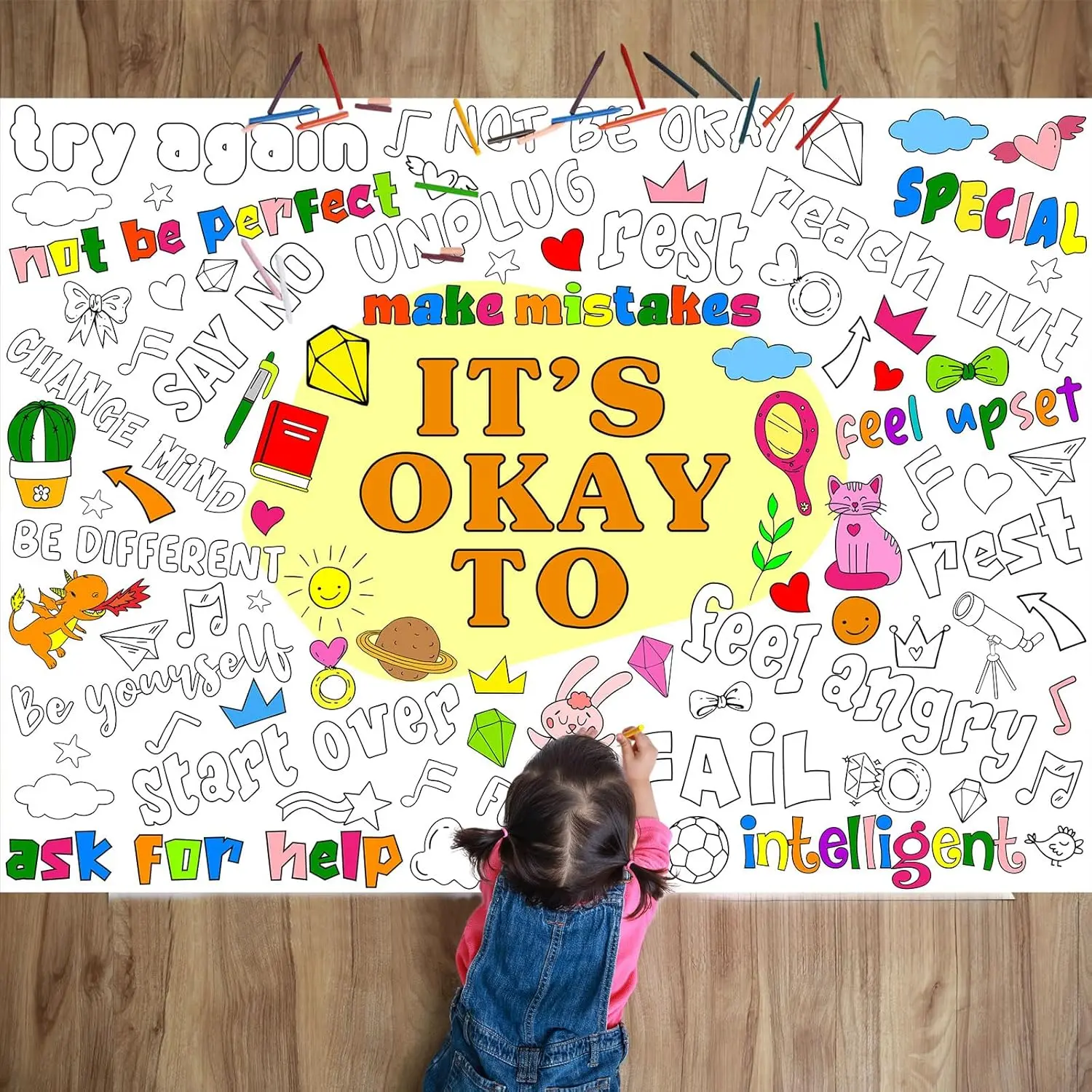 Positive Affirmations Coloring Poster for Kids Giant Huge Inspirational Coloring Tablecloth Large Positive Coloring Books Jumbo Coloring Banner for Classroom Home Birthday Party Supplies Favor
