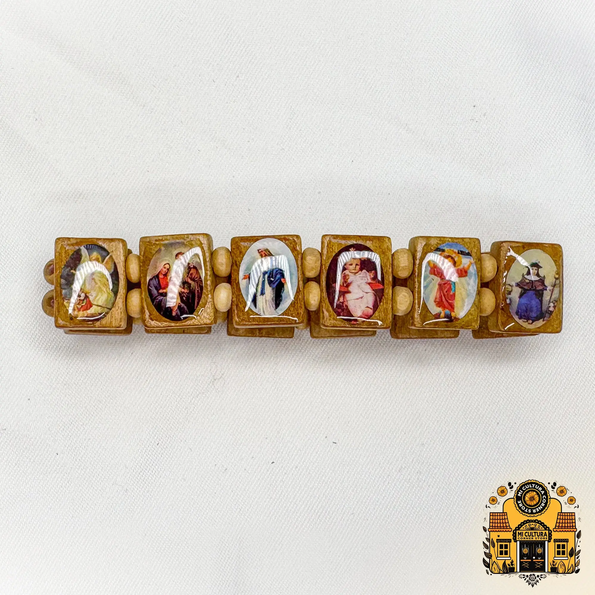 Light Brown Wood Multi-Saint Bracelet: Embrace Faith with Icons of Jesus, Virgin Mary, Saints, and More!
