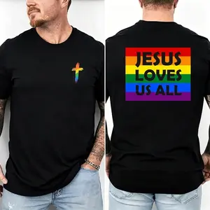 Jesus loves us all | LGBT gay pride | Rainbow Flag Christian V-Neck T-Shirt Shirt Printed in USA