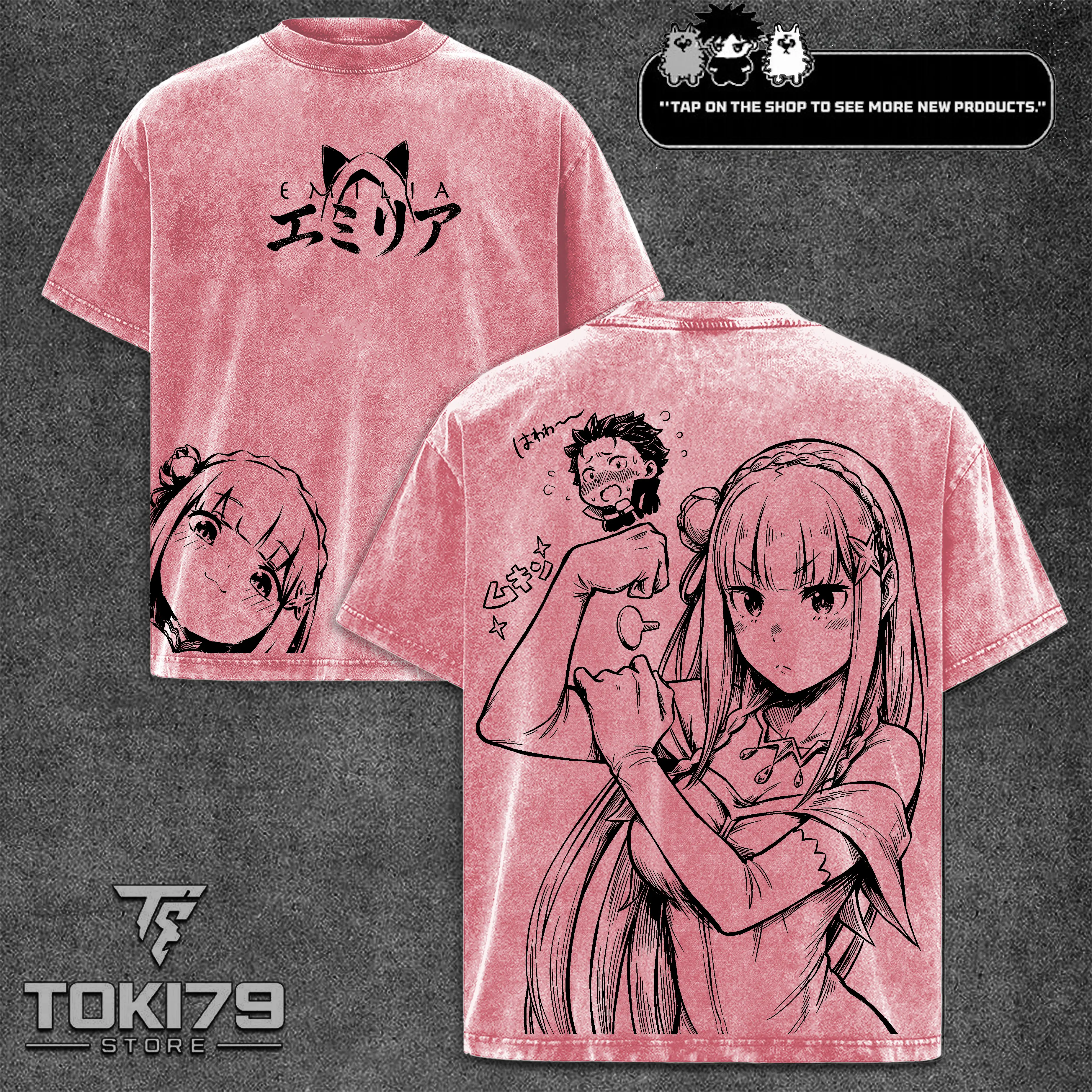 Re:0 Emilia Printed Cotton Tshirt - Vintage Washed Fabric, Cute Manga Line Art Aesthetic, Loose-Fit Unisex Streetwear Tee