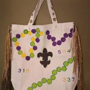 Mardi Gras Parade Tote Bag with Fleur-de-Lis Design and Beaded Fringe 504 318 337 Colors