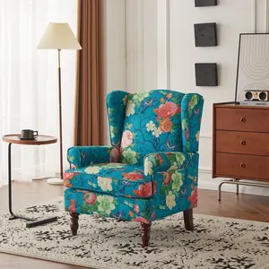 Indoor Wingback Chair, Upholstered Armchair, Accent Chair with Removeable Cusion for Bedroom, Living Room, Green Floral