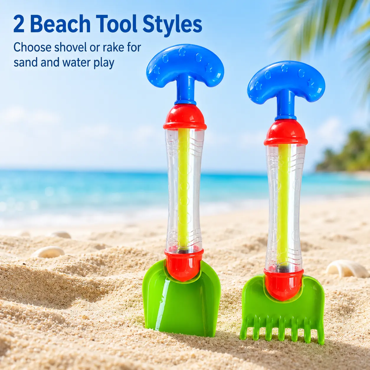 2-in-1 Beach Shovel or Rake Water Blaster, Pull-Action Sand and Water Toy for Outdoor Summer Play