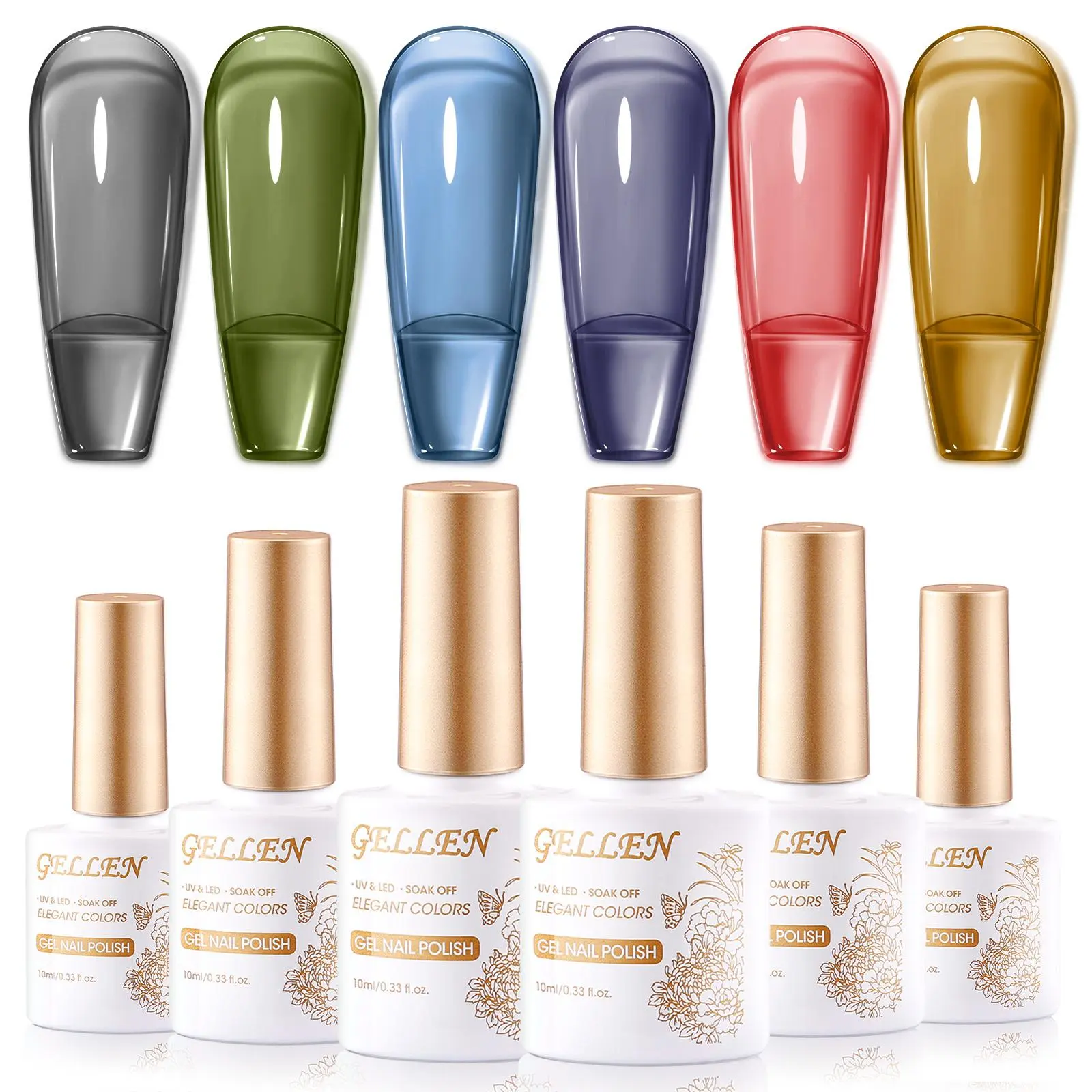 Gellen Jelly Gel Nail Polish Set, 6 Colors Neon Jelly Gel Polish Green Yellow Red Blue Purple Crystal Transparent Gel Polish Kit Spring Summer Manicure Salon Gift Glossy Peeling Uv Cutics Cosmetic
