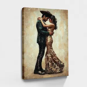 Mexico Wall Art, Winter Wall Art, Christmas Decorations Couple Embracing, Man In Green Suit, Woman In Gold Dress - Modern, Realistic Painting, Detailed Figures, Lifelike Depiction Style, Wall Decor Poster for Living Room, Wood Framed Canvas Painting Photo
