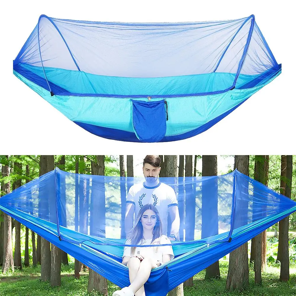 Portable Camping Hammock with Mosquito Net, Auto Pop-Up Design, 210T Durable Nylon, 13ft Tree Straps & Carabiners, Perfect for Camping Hiking Patio (Blue)