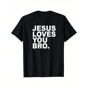 Women's Jesus Loves You Bro. Cotton T-Shirt - Faith-Inspired Gift, Casual Round Neck, Short Sleeve, Black with White Bold Text, S-XXXL Sizes, Fabric, Stretch, Hem, Comfortable Fit Faithbased Apparel