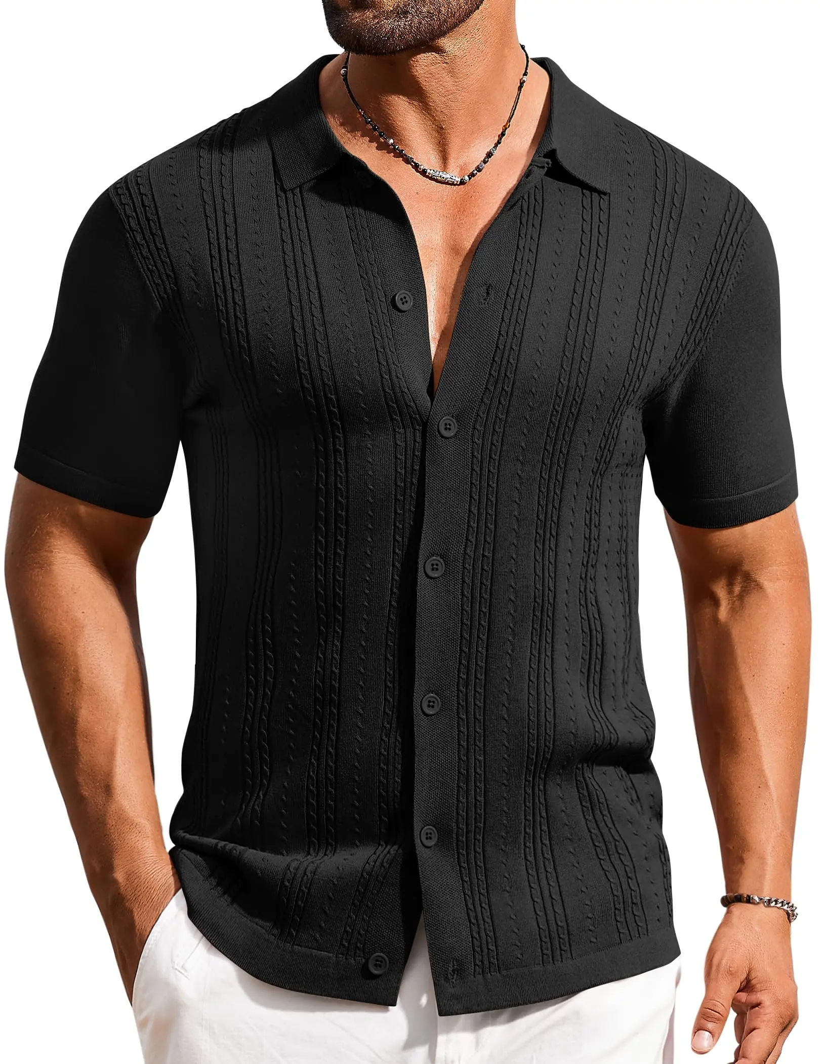 COOFANDY B Men's Knit Shirts Short Sleeve Casual Button Down Polo Shirt Summer Beach Vacation Shirts