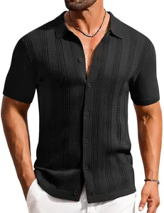 COOFANDY B Men's Knit Shirts Short Sleeve Casual Button Down Polo Shirt Summer Beach Vacation Shirts