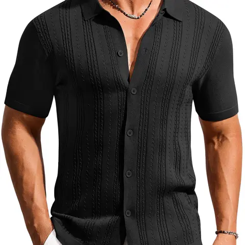 COOFANDY B Men's Knit Shirts Short Sleeve Casual Button Down Polo Shirt Summer Beach Vacation Shirts