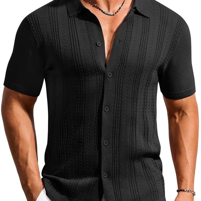 COOFANDY B Men's Knit Shirts Short Sleeve Casual Button Down Polo Shirt Summer Beach Vacation Shirts