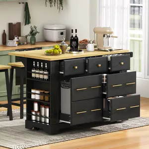 Multi-Functional Rolling Kitchen Island with 6 Drawers & Pull Out Trash Storage, Drop Leaf Table with Power Outlet, 5 Open Side Racks Mobile Cart for Kitchen & Dining