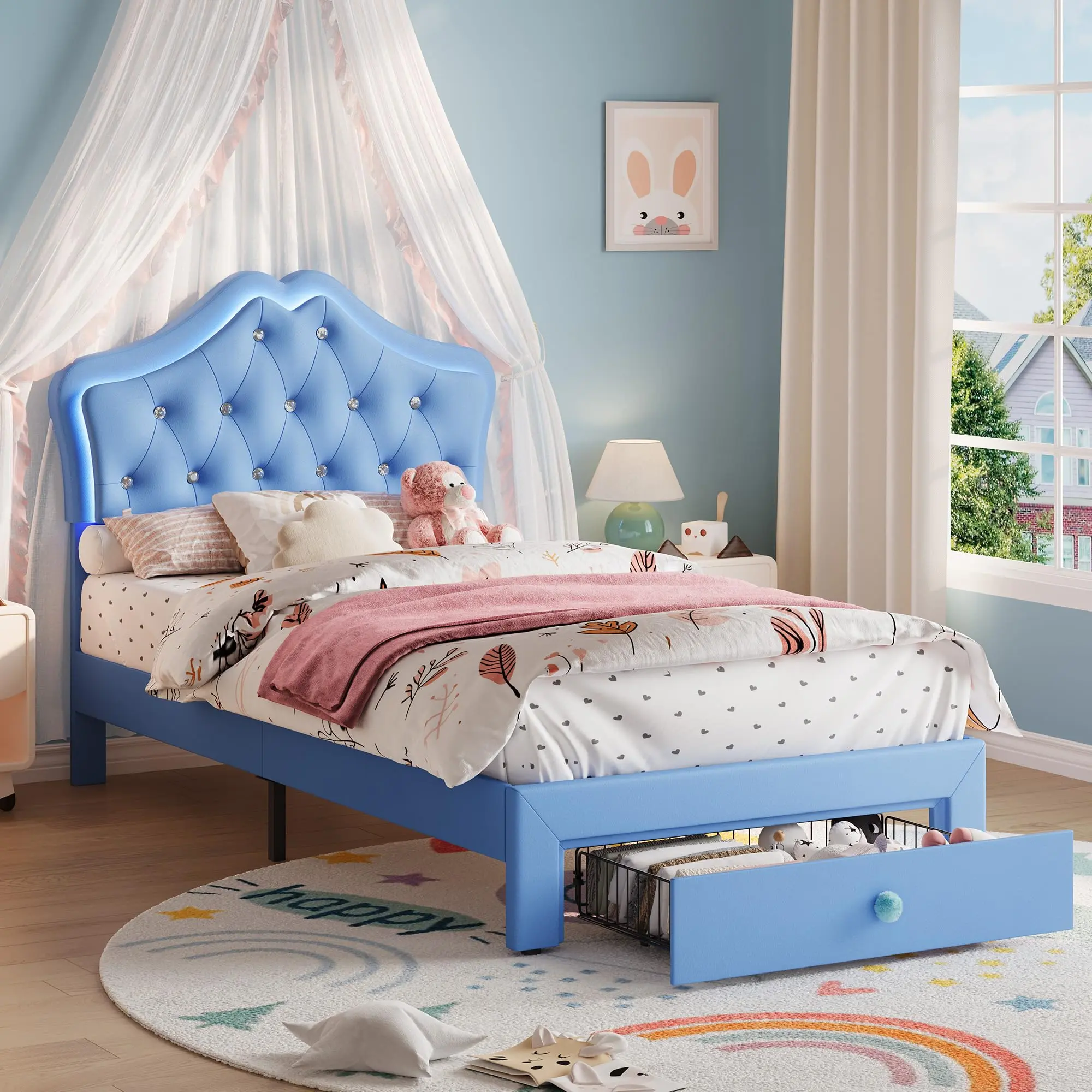 GARVEE Blue Twin Size Upholstered Platform Bed Frame with LED Lights, Crystal Tufted Headboard, Storage Drawer for Storage Organization, Noise-Free Slats & Easy Assembly (Ideal for Kids)