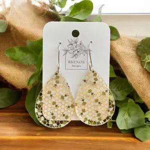 Tear Drop Earrings with Bees and Honeycomb Design