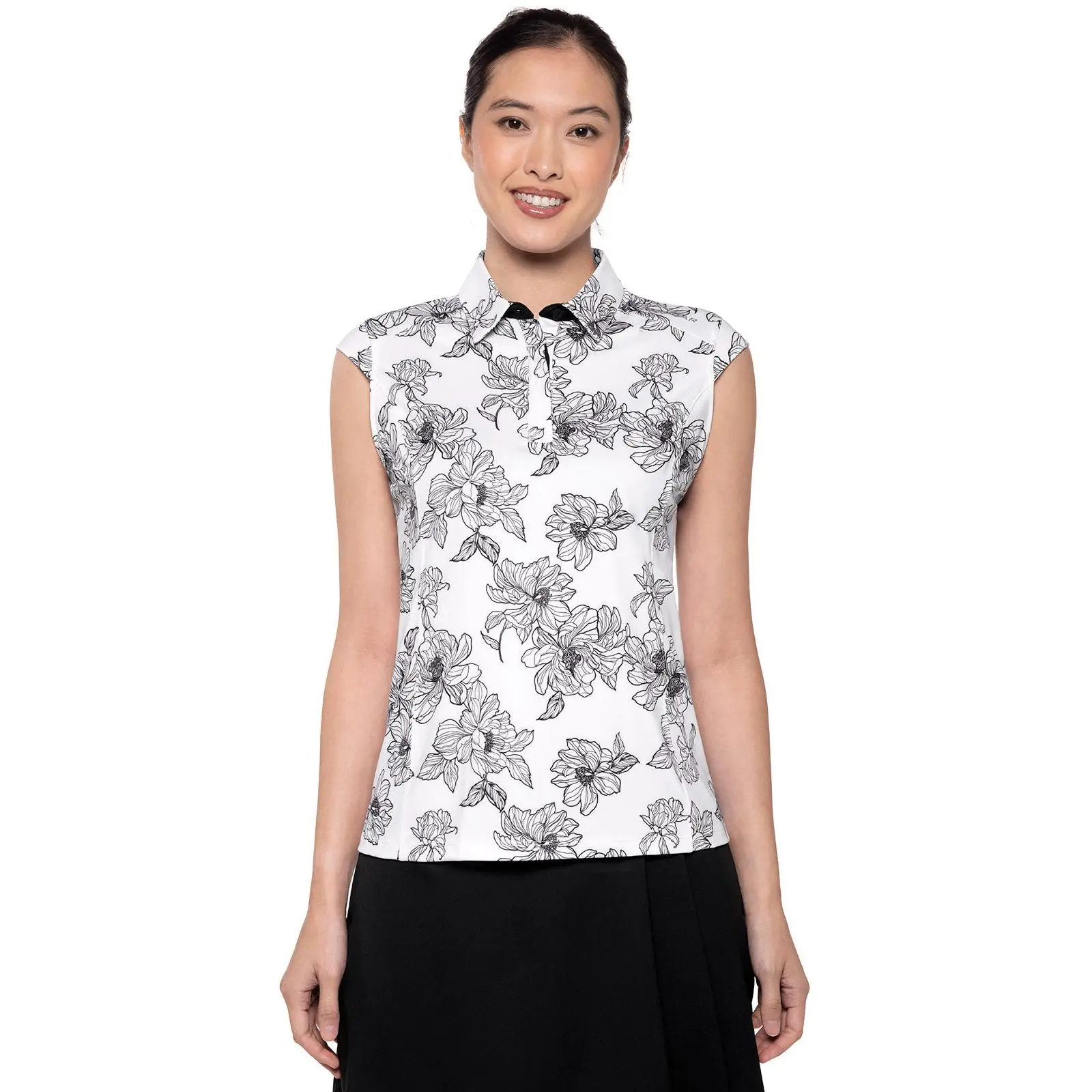 Dew-Sweeper | Women's Performance Sleeveless Polo | White/Black Perfect Peony